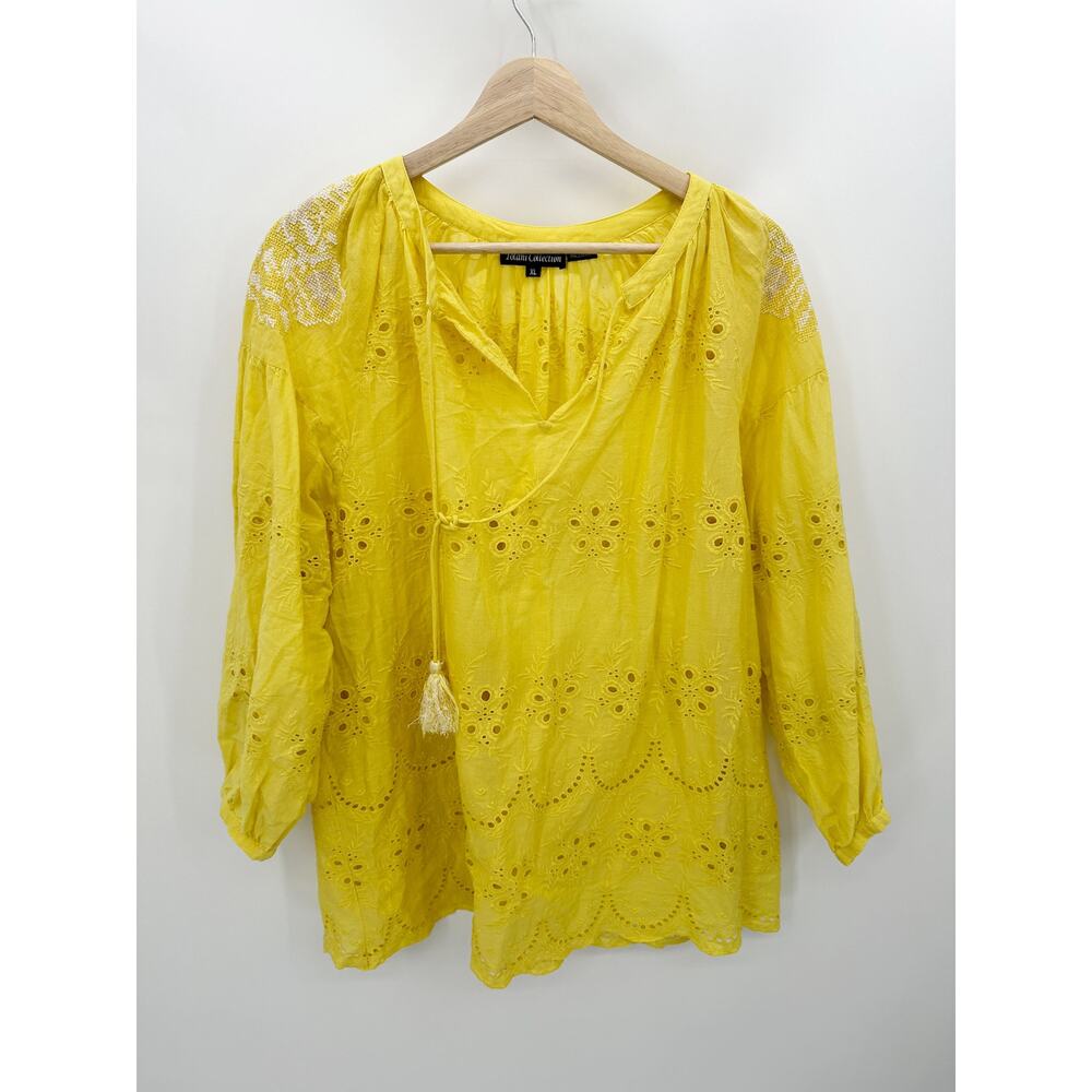 Tolani Collection Womens XL Yellow Floral Eyelet Embroidered Tassel Tie Blouse
